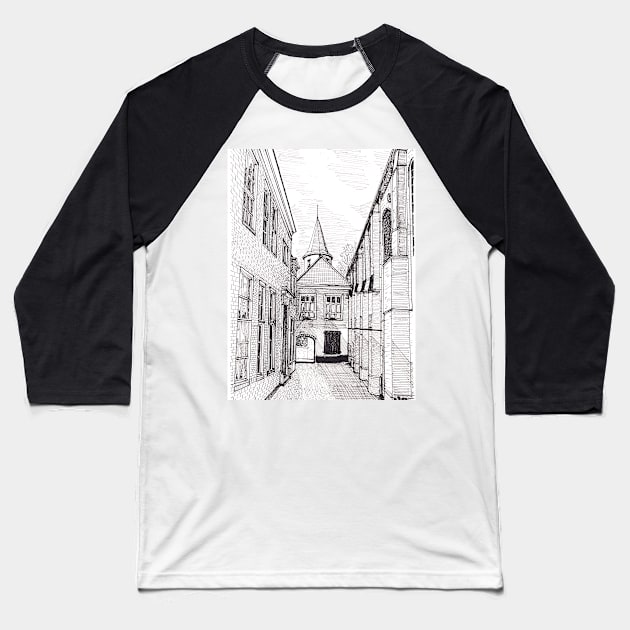 Prinsenhof Delft Netherlands Pen and Ink Illustration Baseball T-Shirt by Wall-Art-Sketch